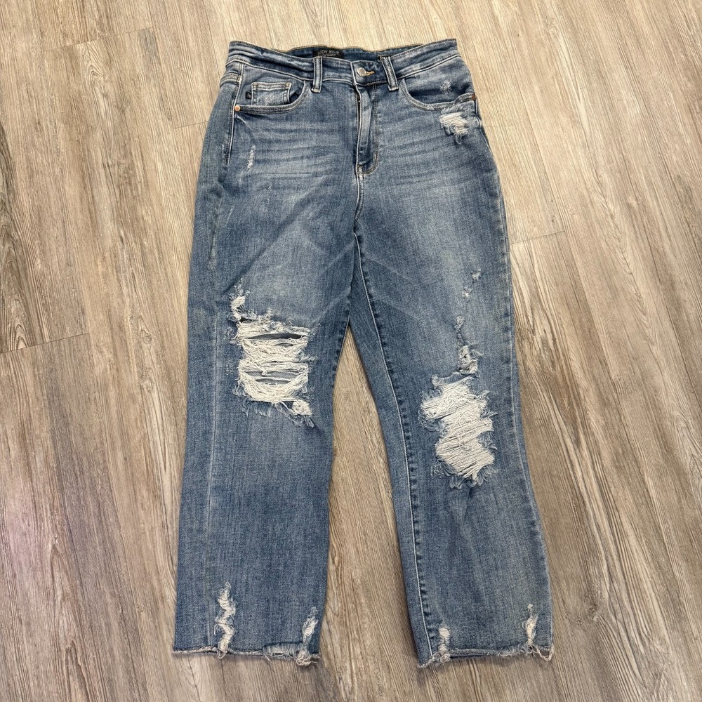 Judy Blue Womens 9/29 High Waist Ankle Distressed Straight Fit Jeans